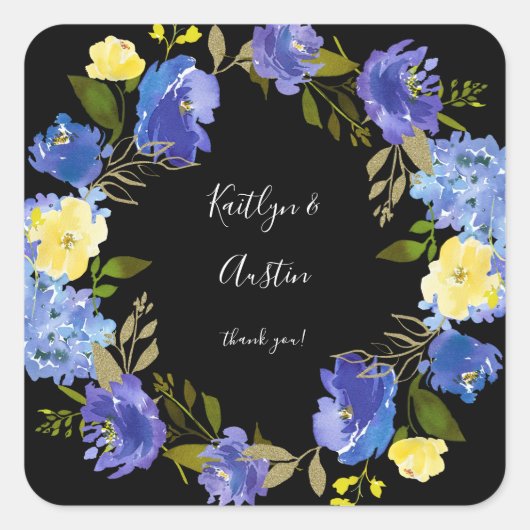 Blauw Paars en geel Floral - zwart Vierkante Sticker (Voorkant)