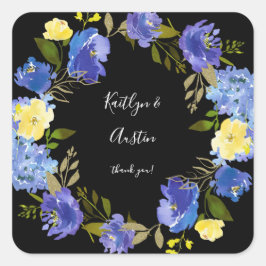Blauw Paars en geel Floral - zwart Vierkante Sticker