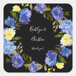 Blauw Paars en geel Floral - zwart Vierkante Sticker