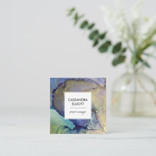 Blauw Paars en goudalcohol Vloeibare inkt Vierkante Visitekaartje (Staand voorkant)