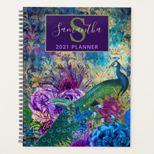  blauw, paars en goudbloem Peacock Planner (Voorkant)