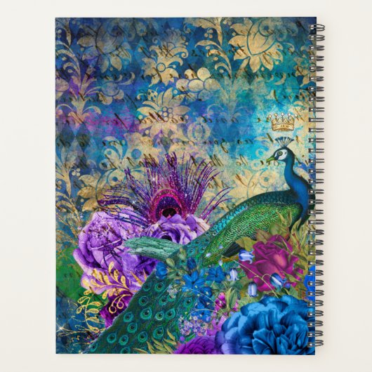  blauw, paars en goudbloem Peacock Planner (Achterkant)