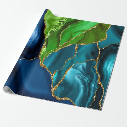 Blauw, Paars en groen pacock Agate Faux glitter Cadeaupapier (Uitgerold)