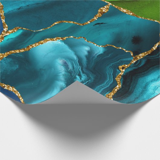 Blauw, Paars en groen pacock Agate Faux glitter Cadeaupapier (Hoek)