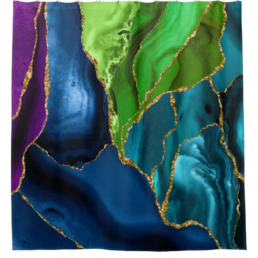 Blauw, Paars en groen pacock Agate Faux glitter Douchegordijn (Voorkant)