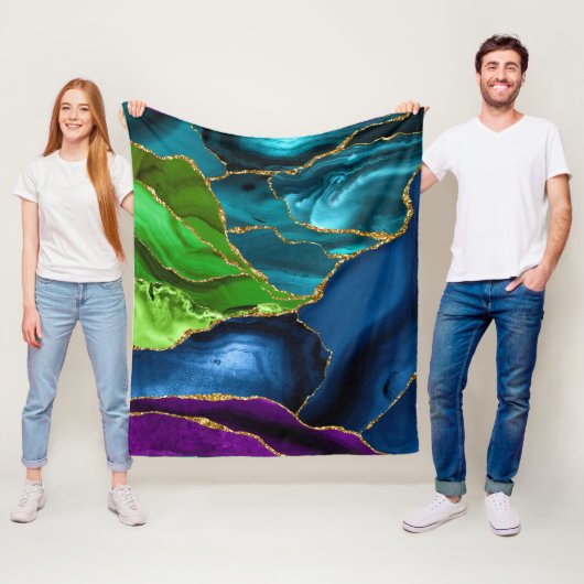 Blauw, Paars en groen pacock Agate Faux glitter Fleece Deken (In situ)