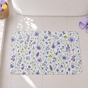 Blauw Paars Geel Aquarel Wilde Bloem Patroon Badmat