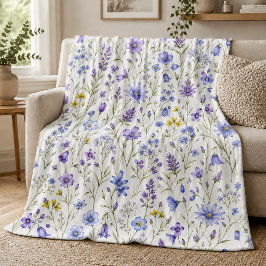 Blauw Paars Geel Aquarel Wilde Bloem Patroon Fleece Deken