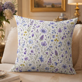 Blauw Paars Geel Aquarel Wilde Bloem Patroon Kussen