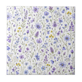 Blauw Paars Geel Aquarel Wilde Bloem Patroon Tegeltje