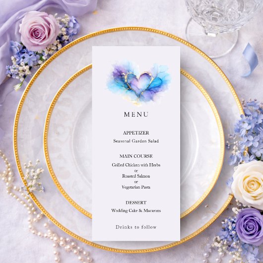 Blauw Paars Goud Abstract Hart Trouwmenu Menu