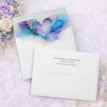Blauw Paars Goud Waterverf Hart Trouw Envelope