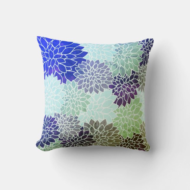 Blauw Paars groen Dahlia Flowers Floral Pattern Kussen (Voorkant)