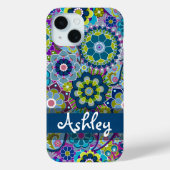 Blauw Paars Groen Retro Floral Patroon met Naam Case-Mate iPhone Case (Achterkant)