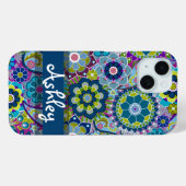 Blauw Paars Groen Retro Floral Patroon met Naam Case-Mate iPhone Case (Achterkant (horizontaal))
