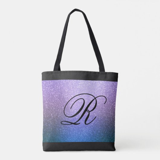 Blauw Paars Ombre Glitter Design met Monogram Tote Bag (Achterkant)