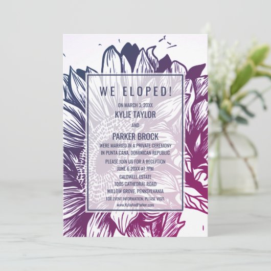 Blauw & Paars Ombre Zonnebloemen Elopement Ontvang Kaart (Staand voorkant)