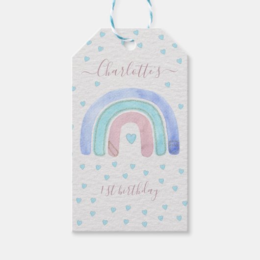 Blauw Paars Pastel Regenboog Eerste Verjaardag Cad Cadeaulabel (Voorkant)