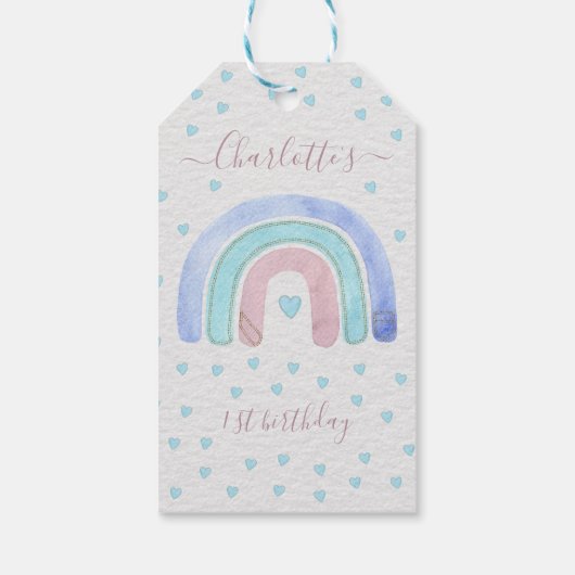 Blauw Paars Pastel Regenboog Eerste Verjaardag Cad Cadeaulabel (Achterkant)