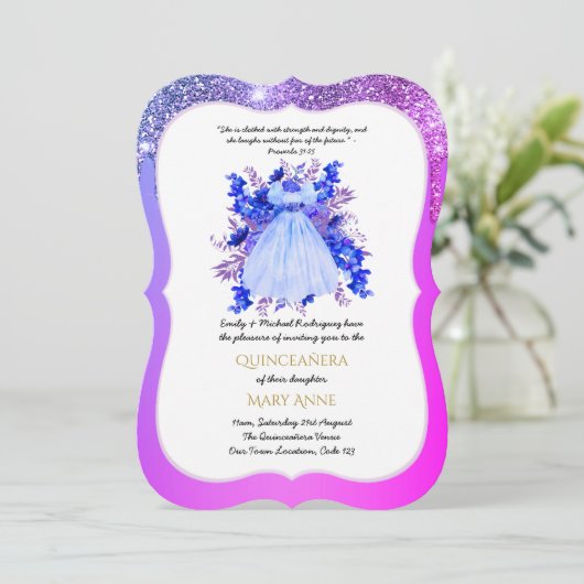 Blauw Paars Quinceañera BLUE Floral Elegant Kaart (Staand voorkant)