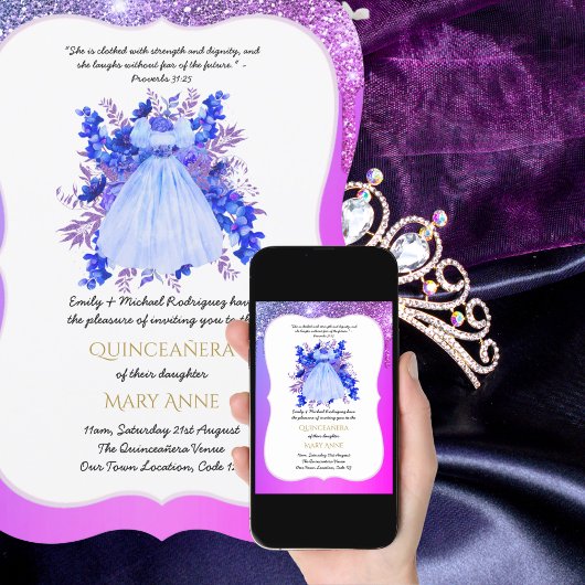 Blauw Paars Quinceañera BLUE Floral Elegant Kaart