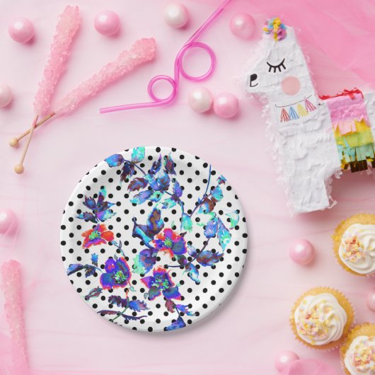 Blauw paars roos waterverf | polka-punten papieren bordje (Feest)