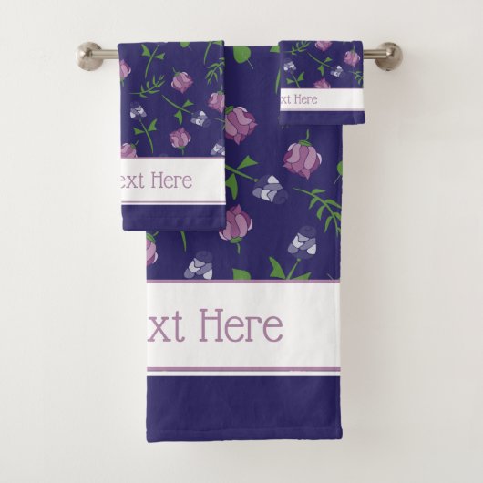 Blauw Paars Roses Rosebud Floral Print Bad Handdoek (Insitu)