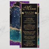 Blauw Paars Teal Goud Glitter Agate Bruiloft Menu (Voorkant / Achterkant)