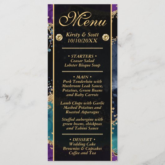 Blauw Paars Teal Goud Glitter Agate Bruiloft Menu (Voorkant)