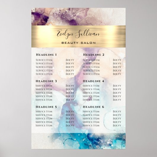 Blauw Paars Waterverf Gold Foil price List Poster (Voorkant)