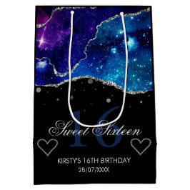 Blauw & Paars Zilver Glitter Galaxy Agate Sweet 16 Medium Cadeauzakje
