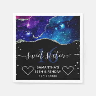 Blauw & Paars Zilver Glitter Galaxy Agate Sweet 16 Servet