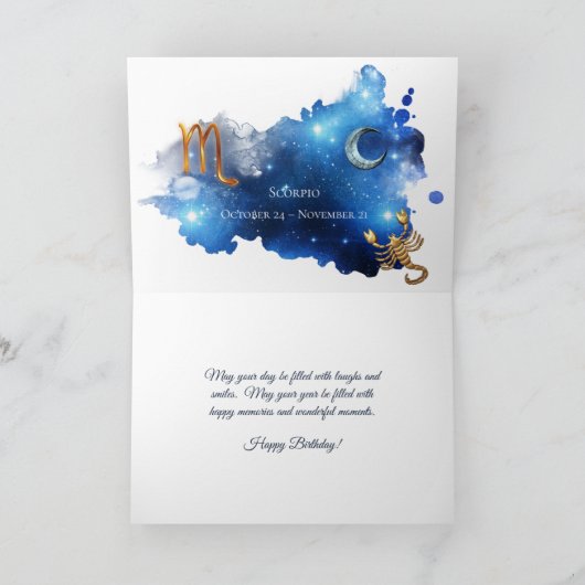  Blauw Paars Zodiac Scorpio Birthday Kaart (Binnen)