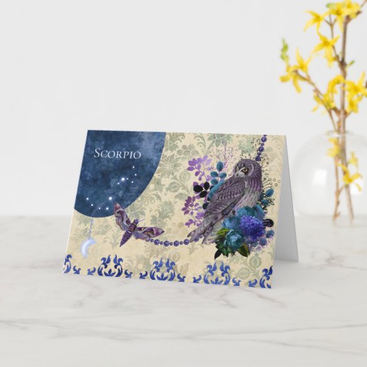  Blauw Paars Zodiac Scorpio Birthday Kaart (Gele Bloem)