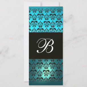 BLAUW PAARS ZWART  DAMAST MONOGRAM ,wit turquoise Kaart