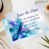 Blauw & Paarse Abstracte Bloemen Save the Date-1 Aankondigingskaart
