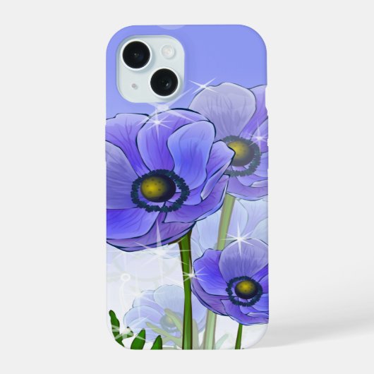 Blauw Paarse Anemoon Bloemen iPhone 15 Hoesje (Achterkant)