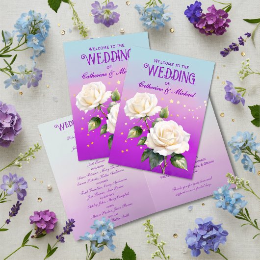 Blauw Paarse Aquarel Ombre Rozen Lente Bruiloft Programma