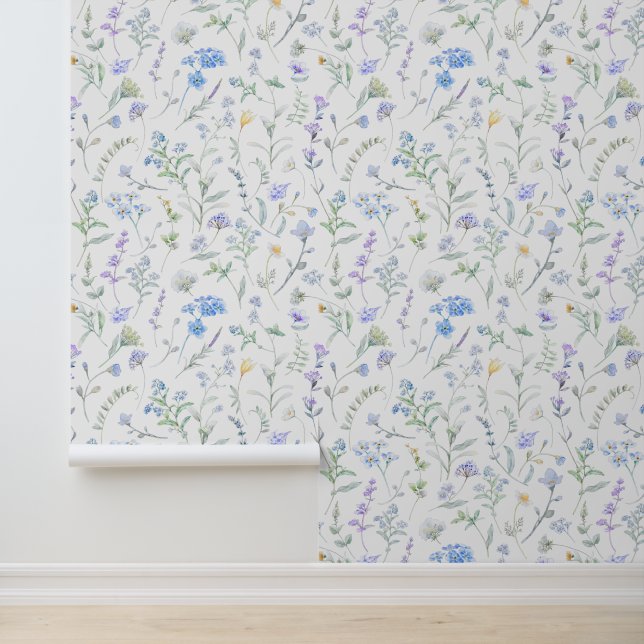 Blauw Paarse Aquarel Wilde Bloem Behang (Applicatie)