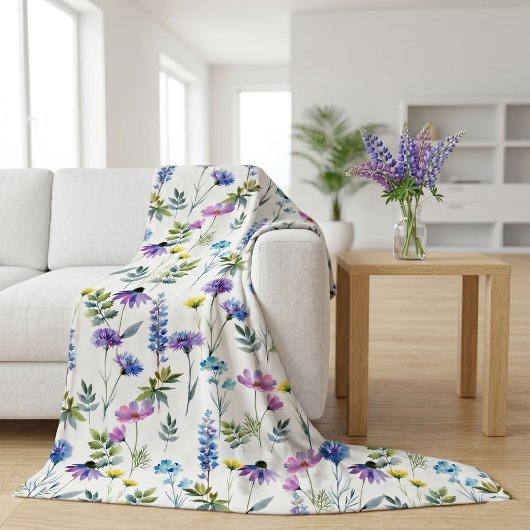 Blauw Paarse Aquarel Wilde Bloem Fleece Deken