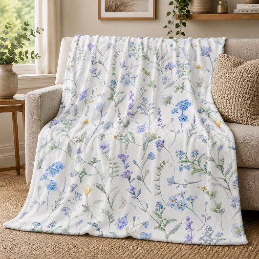 Blauw Paarse Aquarel Wilde Bloem Fleece Deken