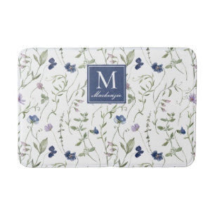 Blauw Paarse Aquarel Wilde Bloem Monogram Badmat