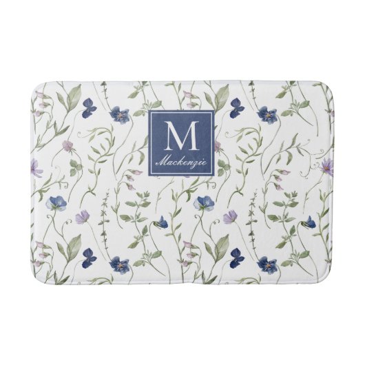 Blauw Paarse Aquarel Wilde Bloem Monogram Badmat (Voorkant)