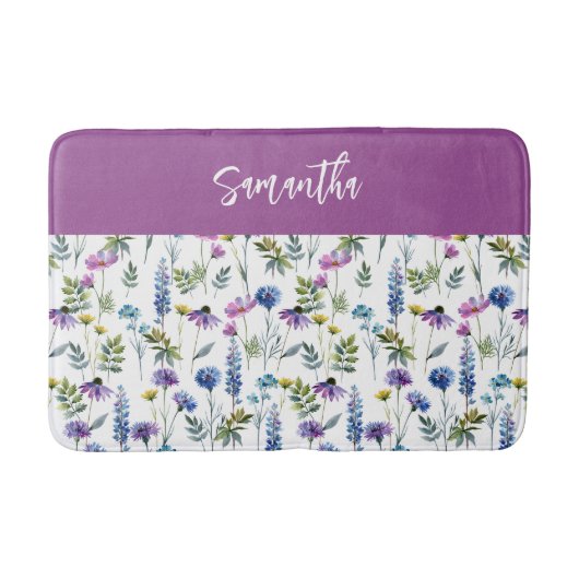 Blauw Paarse Aquarel Wilde Bloem Monogram Badmat (Voorkant)