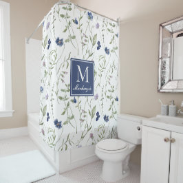 Blauw Paarse Aquarel Wilde Bloem Monogram Douche Douchegordijn