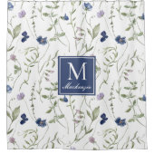 Blauw Paarse Aquarel Wilde Bloem Monogram Douche Douchegordijn (Voorkant)