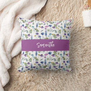 Blauw Paarse Aquarel Wilde Bloem Monogram Naam Kussen