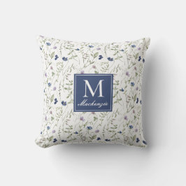 Blauw Paarse Aquarel Wilde Bloem Monogram Naam Kussen