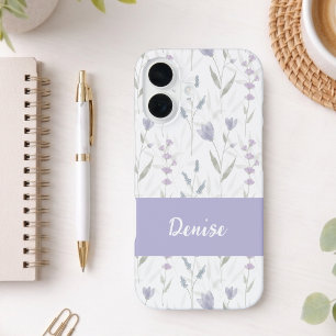 Blauw Paarse Aquarel Wilde Bloem Naam iPhone 16 Hoesje