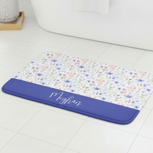 Blauw Paarse Aquarel Wilde Bloem Naam Monogram Badmat